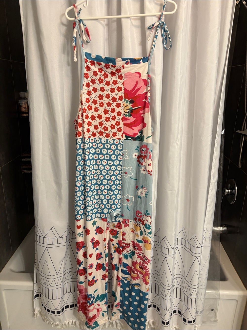 Women’ s L Multi-Print Tie-Strap One-Piece onesie jumpsuit- Multicolor